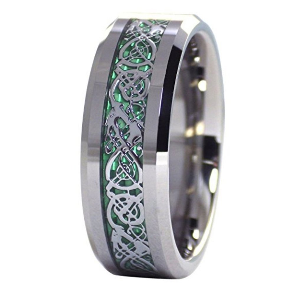 Mens Tungsten Wedding Band 8mm Green Celtic Wedding Band Silver Resin Inlay Ring